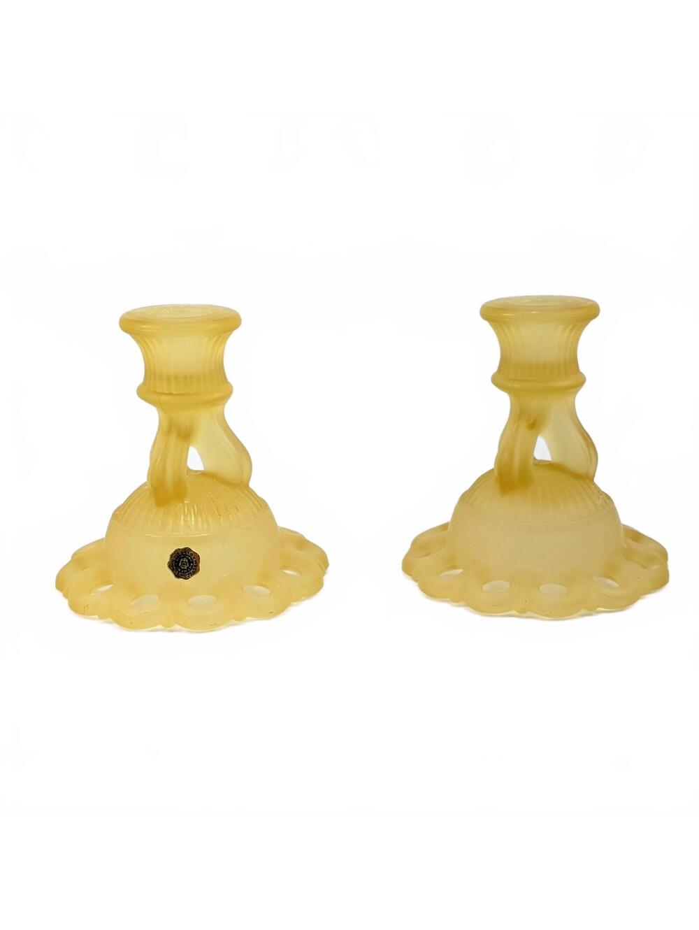 Vtg Westmoreland Yellow Satin Doric Open Lace Candlestick Holders